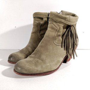 Sam Edelman Louie Leather Ankle Booties 8.5 Fringe Boho Block Heels Olive Green